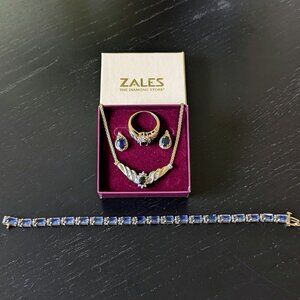 Set! Sapphire, diamond, and 10K gold earrings, ring, tennis bracelet, necklace.